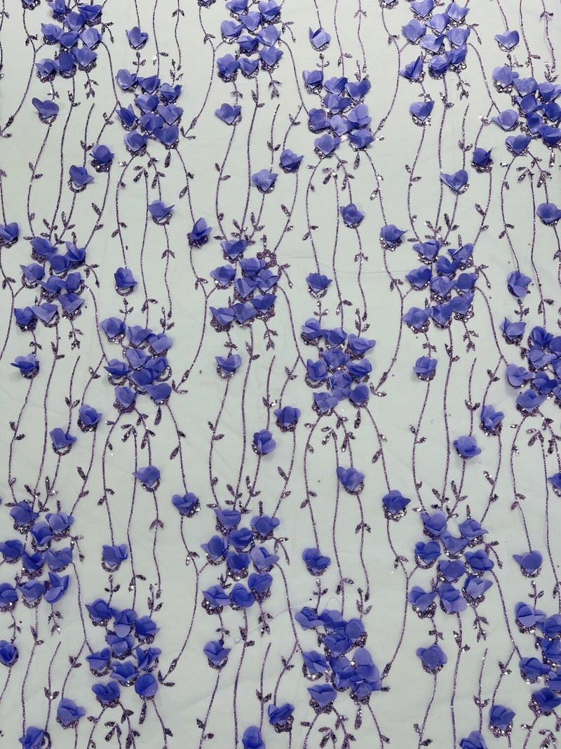 3D Glitter Floral Fabric - Lilac - 3D Flowers with Sequins and Glitter on Mesh Sold By Yard