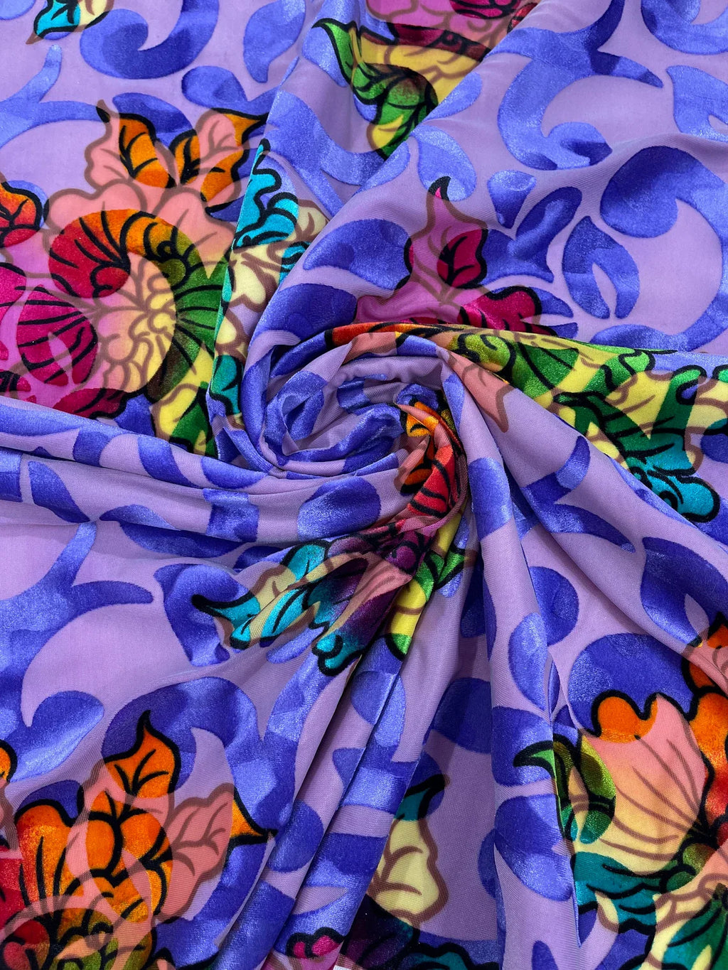 Burnout Floral Velvet Fabric - Lilac - MultiColor Floral Print Velvet Fabric By Yard