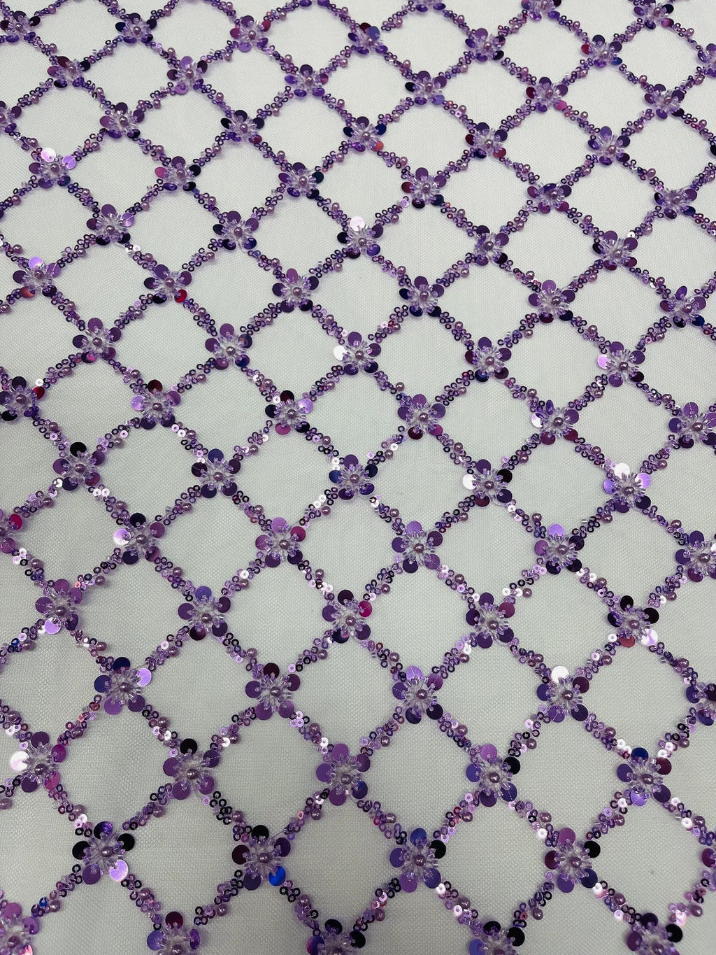 Beaded Diamond Net Fabric - Lilac - Embroidered Geometric Beaded Sequins Fabric Sold By Yard