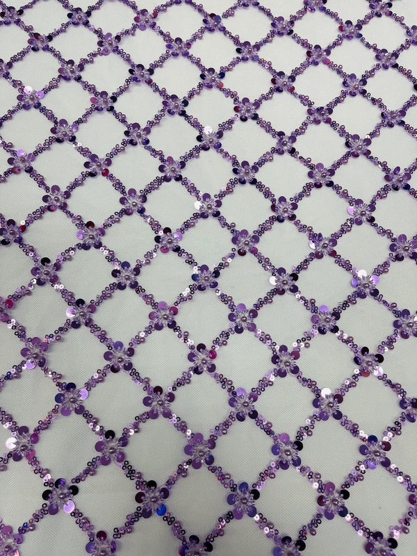 Beaded Diamond Net Fabric - Lilac - Embroidered Geometric Beaded Sequins Fabric Sold By Yard