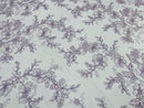 Two Tone Lace Floral Fabric - Lilac - Embroidered Flower Designs with Sequins on Lace Fabric Sold By Yard