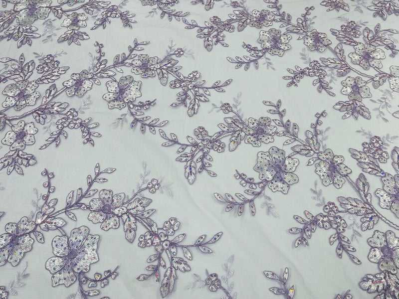 Two Tone Lace Floral Fabric - Lilac - Embroidered Flower Designs with Sequins on Lace Fabric Sold By Yard