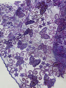 Butterfly Swirl Lace Fabric - Lilac - Metallic Sequins Design on Lace Fabric By Yard