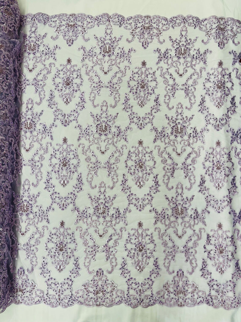 Butterfly Bead Sequins Fabric - Lilac - Damask Beaded Sequins Lace Fabric by the yard