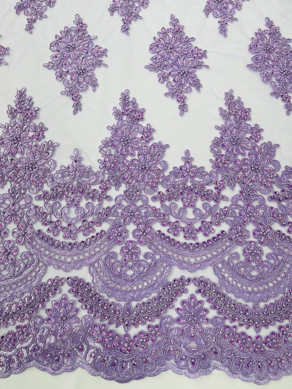 Beaded Flower Cluster Fabric - Lilac - Embroidered Beaded Fancy Border Floral Fabric Sold By Yard