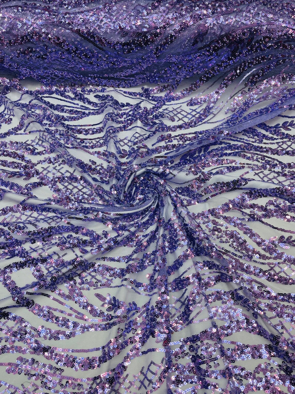 Floral Beaded Wavy Fabric - Lilac - Beaded Sequins Wavy Embroidered Fabric Sold By Yard