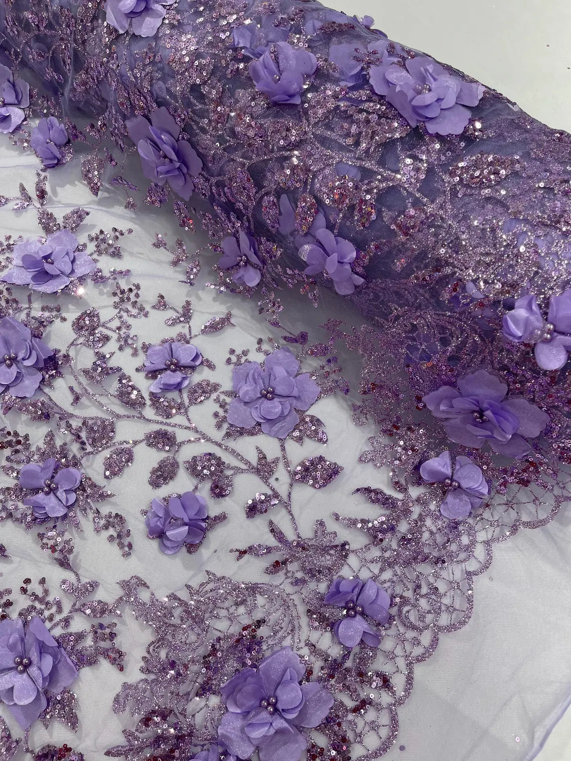 3D Big Flower Glitter Fabric - Lilac - Floral Glitter Sequin Design on Lace Mesh Fabric by Yard