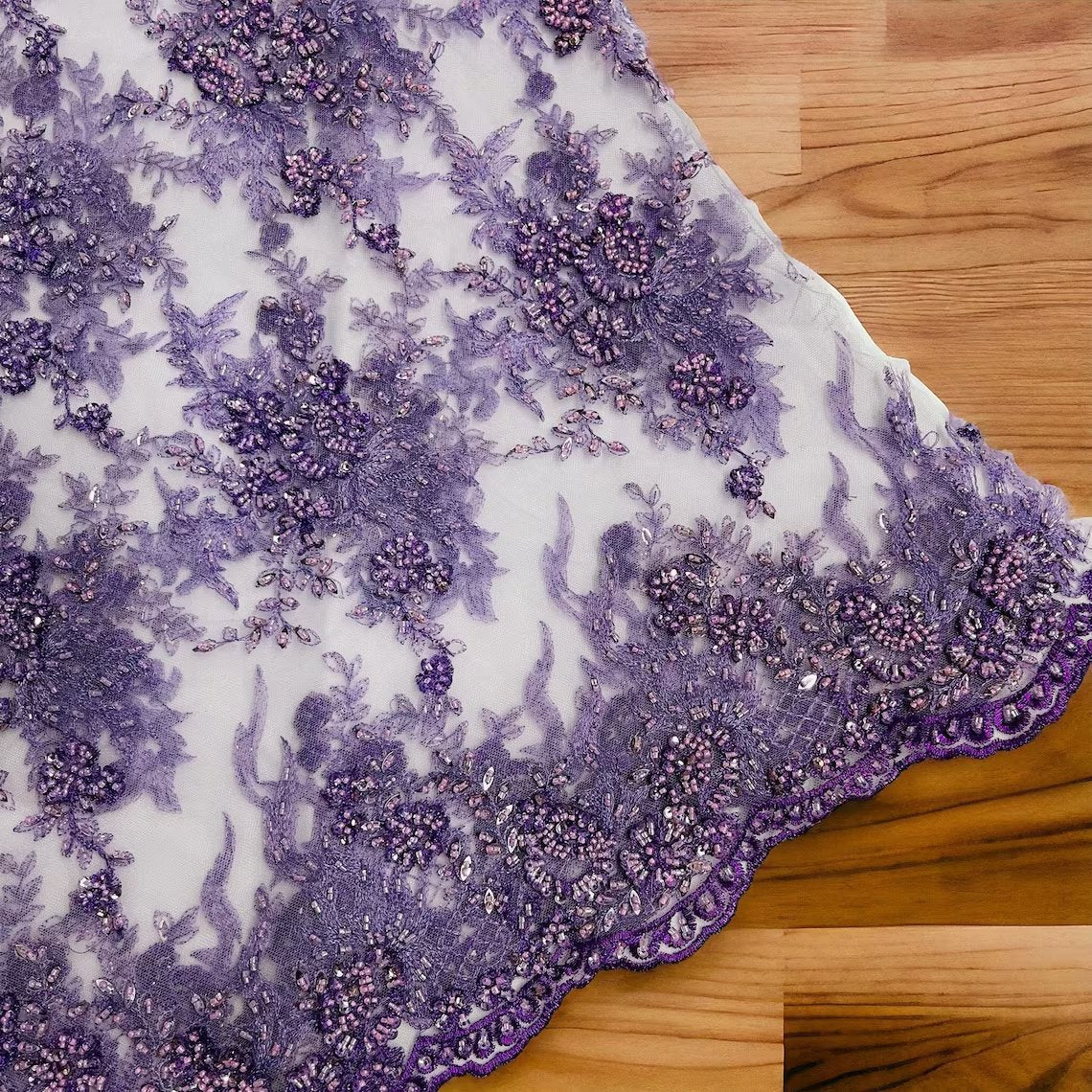 Floral Leaf Beaded Fabric - Lilac - Embroidered Flower Leaf Design Beaded Fabric By Yard