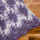 Floral Leaf Beaded Fabric - Lilac - Embroidered Flower Leaf Design Beaded Fabric By Yard