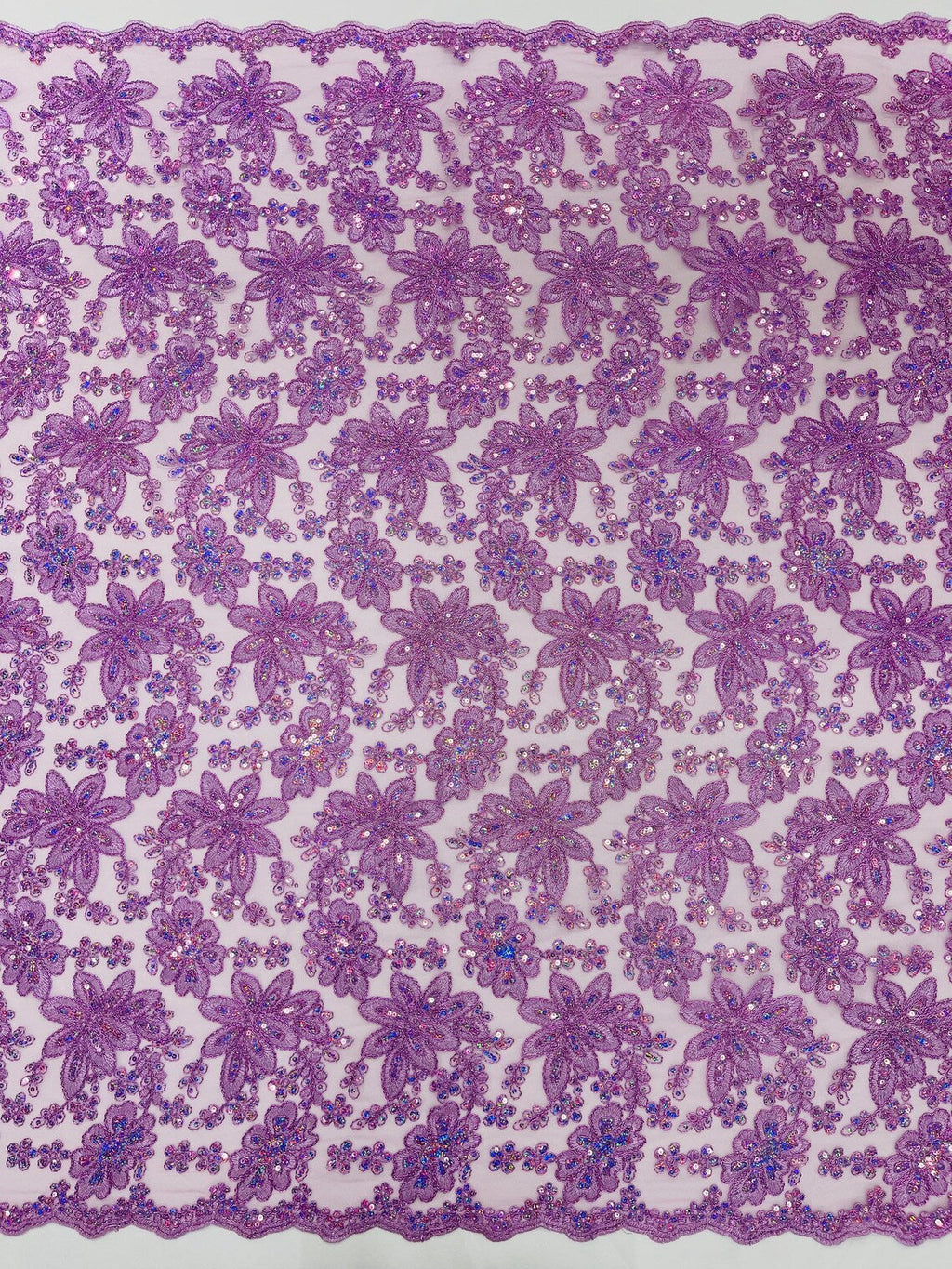 Corded Lace Floral Fabric - Lilac - Hologram Sequins Metallic Thread Floral Fabric by Yard