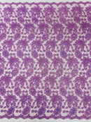 Corded Lace Floral Fabric - Lilac - Hologram Sequins Metallic Thread Floral Fabric by Yard