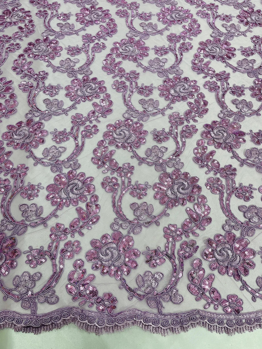 Corded Sequins Flower Lace - Lilac - Corded Floral Lace With Sequins Sold By Yard