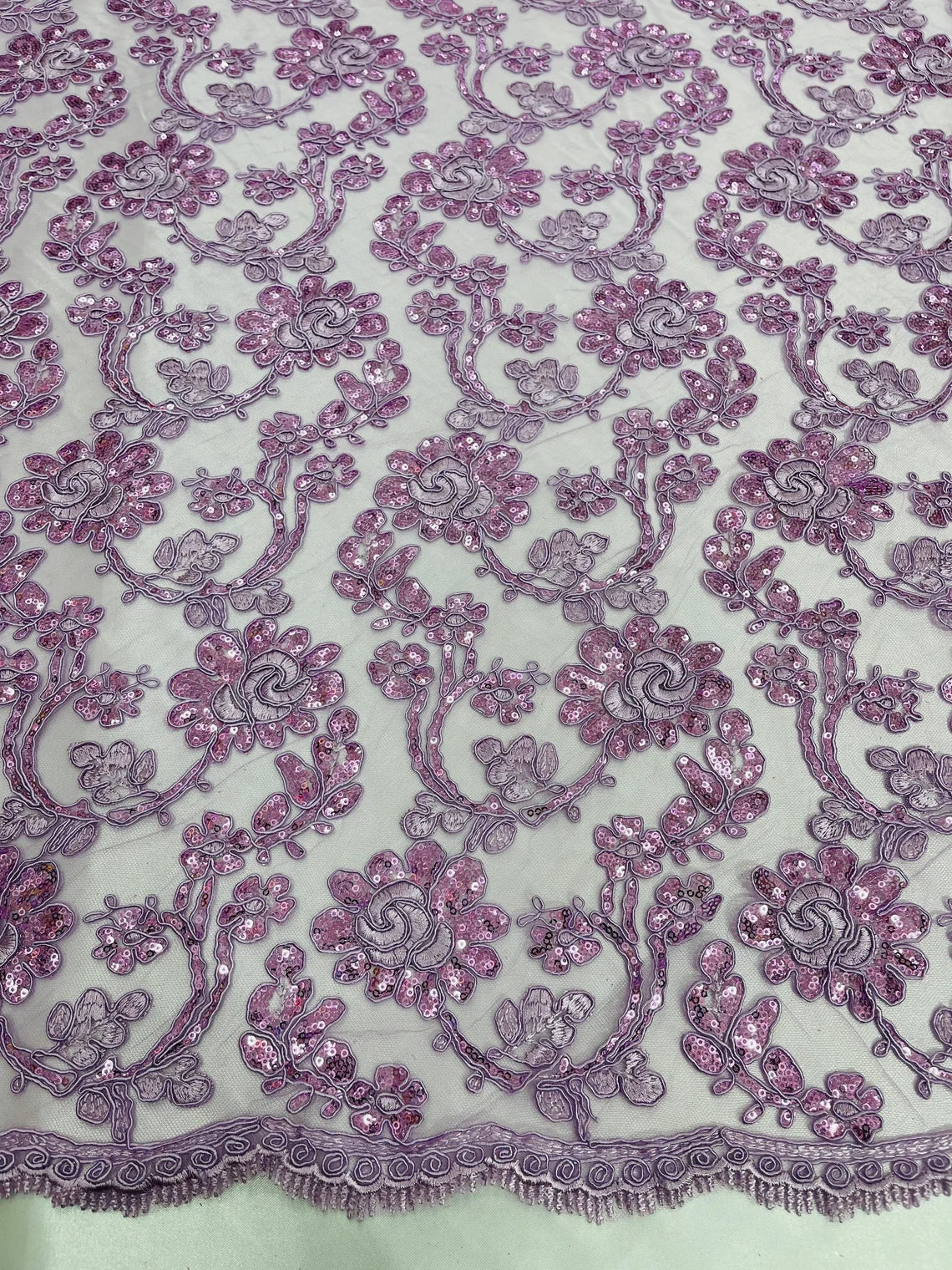 Corded Sequins Flower Lace - Lilac - Corded Floral Lace With Sequins Sold By Yard
