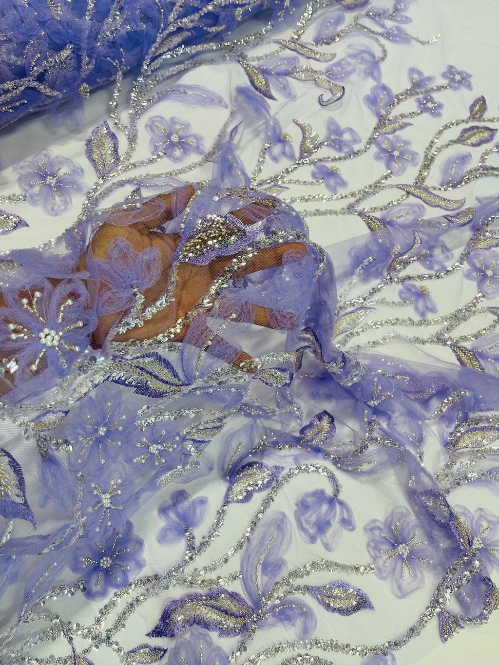 3D Tulle Flower Bead Fabric - Lilac - Mesh Flower Plant Design with Beads By Yard