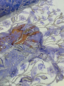 3D Tulle Flower Bead Fabric - Lilac - Mesh Flower Plant Design with Beads By Yard