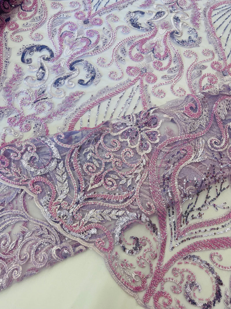 Damask Leaf Bead Fabric - Lilac - Heavy Beaded Embroidered Sequins Lace Fabric by Yard