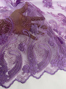Metallic Corded Lace - Lilac - Paisley Floral Fabric with Metallic Thread on a Mesh Lace By Yard