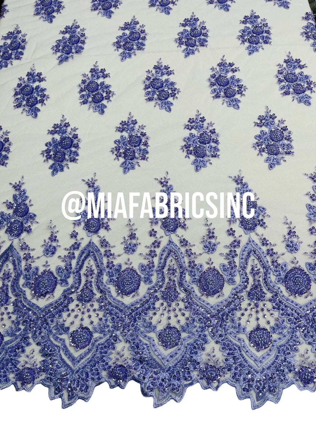 Round Flower Beaded Fabric - Lilac - Embroidered Fashion Design Beads and Sequins On Mesh by The Yard
