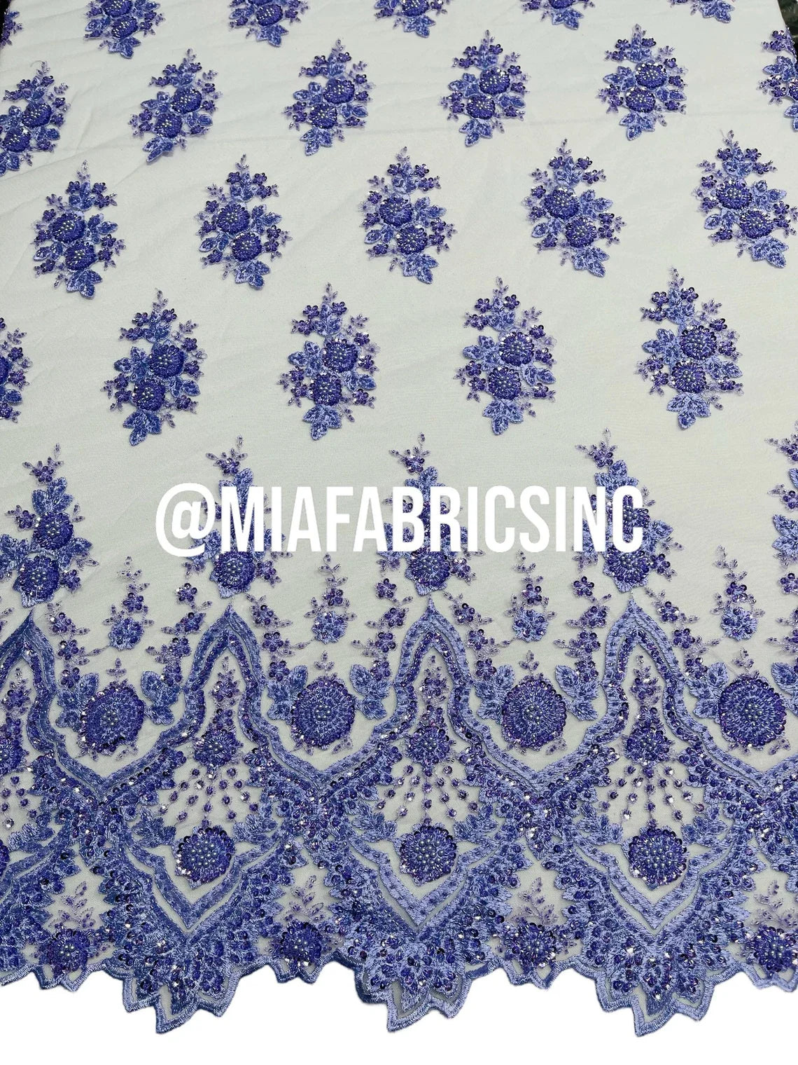 Round Flower Beaded Fabric - Lilac - Embroidered Fashion Design Beads and Sequins On Mesh by The Yard