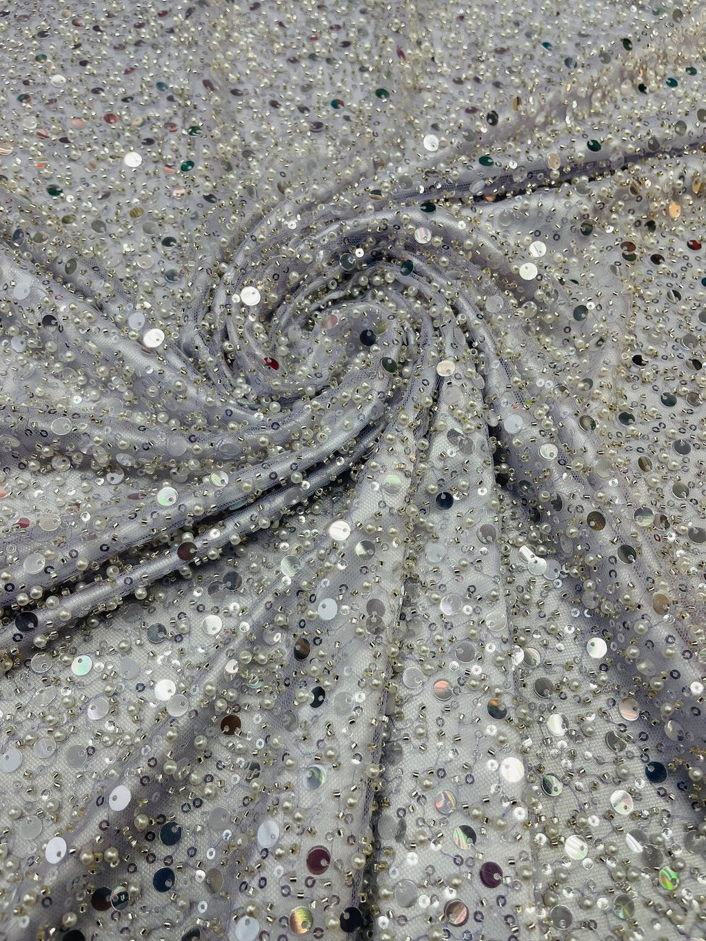 Heavy Duty Sequins Pearl Fabric - Lilac - Heavy Handmade Embroidery Lace with Sequins All Over By Yard