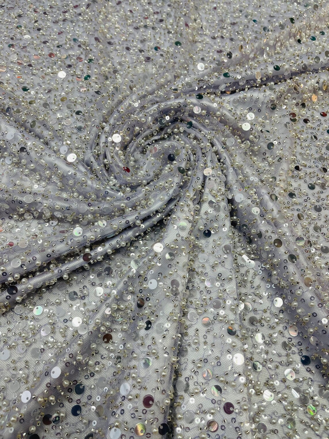 Heavy Duty Sequins Pearl Fabric - Lilac - Heavy Handmade Embroidery Lace with Sequins All Over By Yard