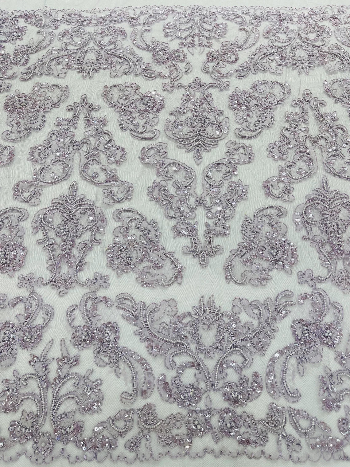Beaded My Lady Damask Design - Lilac - Beaded Fancy Damask Embroidered Fabric By Yard