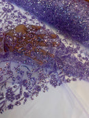 Beaded Floral Plant Design - Lilac - Embroidered Beaded Flower Plants Sequins Fabric By Yard