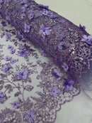3D Flower Glitter Fabric - Lilac - Floral Glitter Sequin Design on Lace Mesh Fabric by Yard