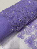 3D Tulle Floral Fabric - Lilac - Flowers Made on Mesh with Small Pearls and Beads Sold By Yard