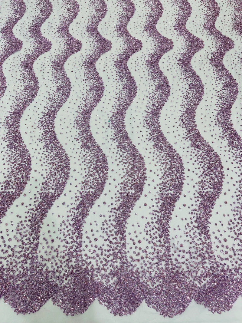 Mermaid Stripe Bead Design - Lilac - Embroidered Beaded Mermaid Theme Mesh Fabric by Yard