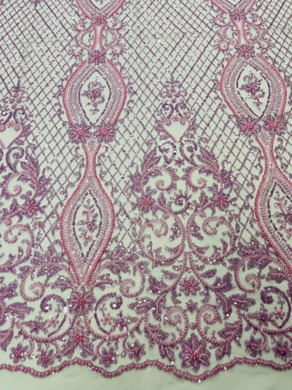 Bead Fashion Damask Fabric - Lilac - Beaded Sequins Geometric Design on Mesh Sold By Yard