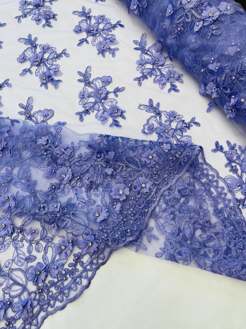 3D Embroidered Floral Fabric - Lilac - 3D Rhinestone and Sequins Floral Fabric Sold By Yard