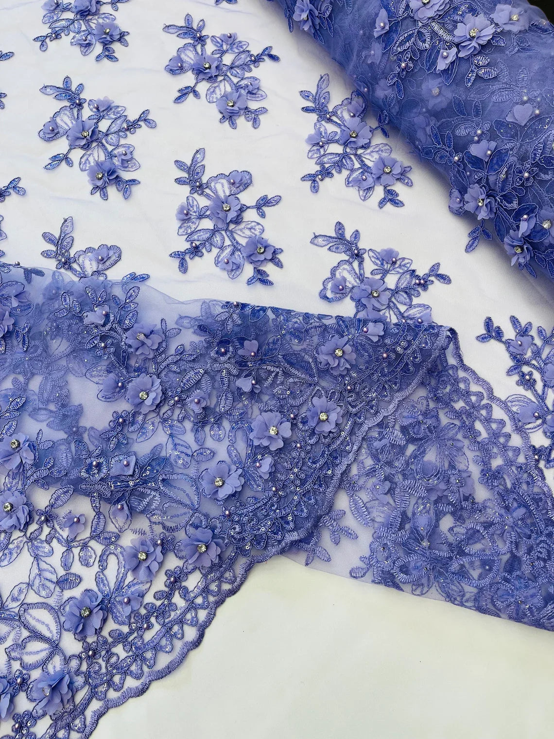 3D Embroidered Floral Fabric - Lilac - 3D Rhinestone and Sequins Floral Fabric Sold By Yard