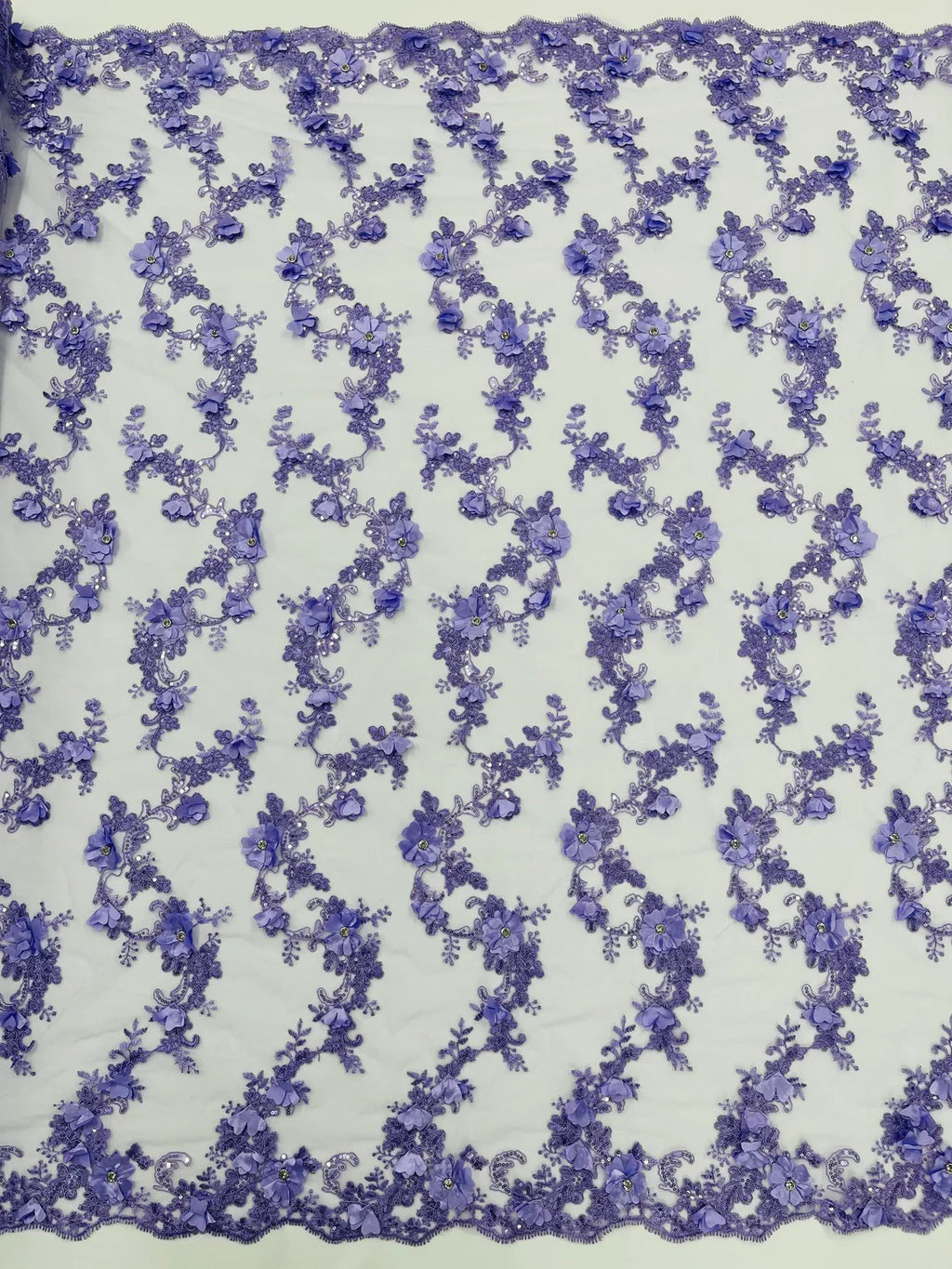 3D Lace Flower Fabric - Lilac - Embroidered Sequins and 3D Floral Patterns on Lace By Yard