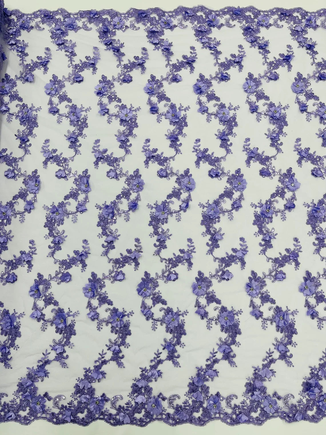 3D Lace Flower Fabric - Lilac - Embroidered Sequins and 3D Floral Patterns on Lace By Yard