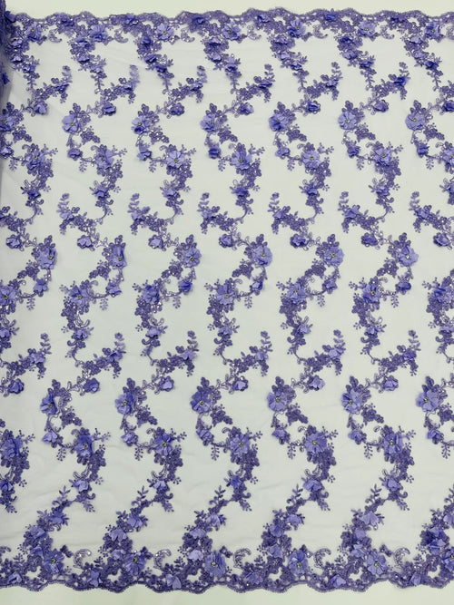 3D Lace Flower Fabric - Lilac - Embroidered Sequins and 3D Floral Patterns on Lace By Yard