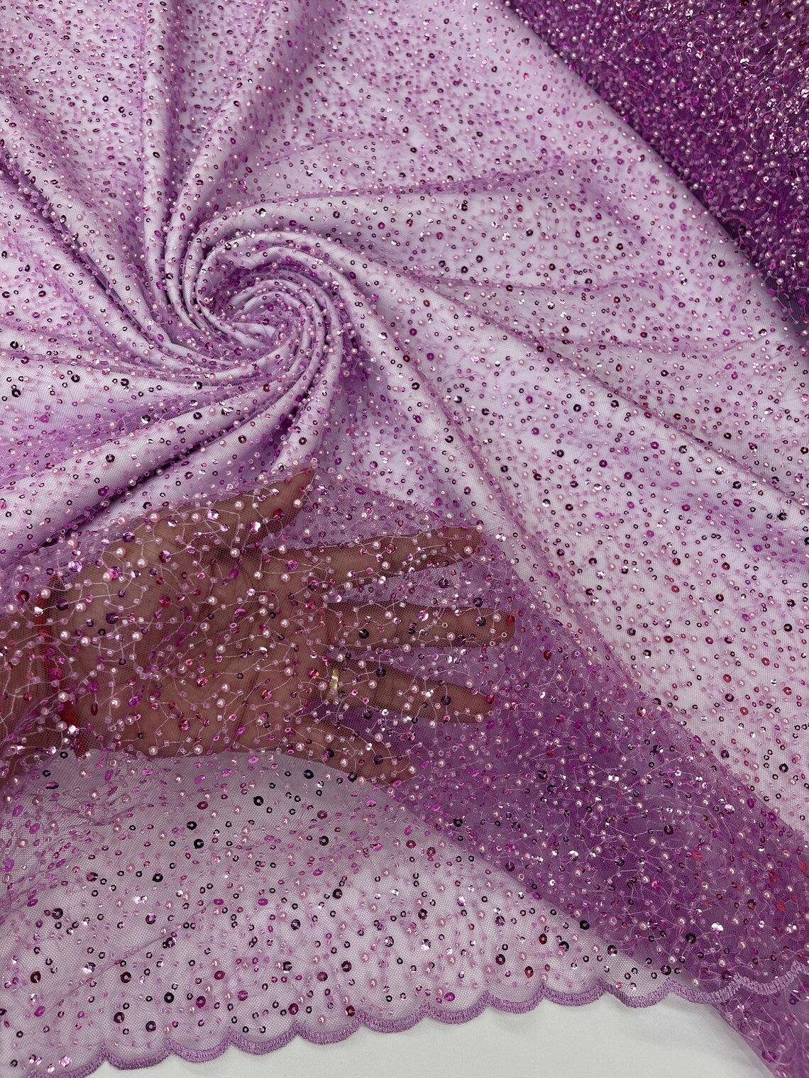 3D Beaded Mesh Fabric - Lilac - Embroidered Beaded Lace Mesh Fabric with Small Sequins Sold By Yard