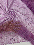 3D Beaded Mesh Fabric - Lilac - Embroidered Beaded Lace Mesh Fabric with Small Sequins Sold By Yard