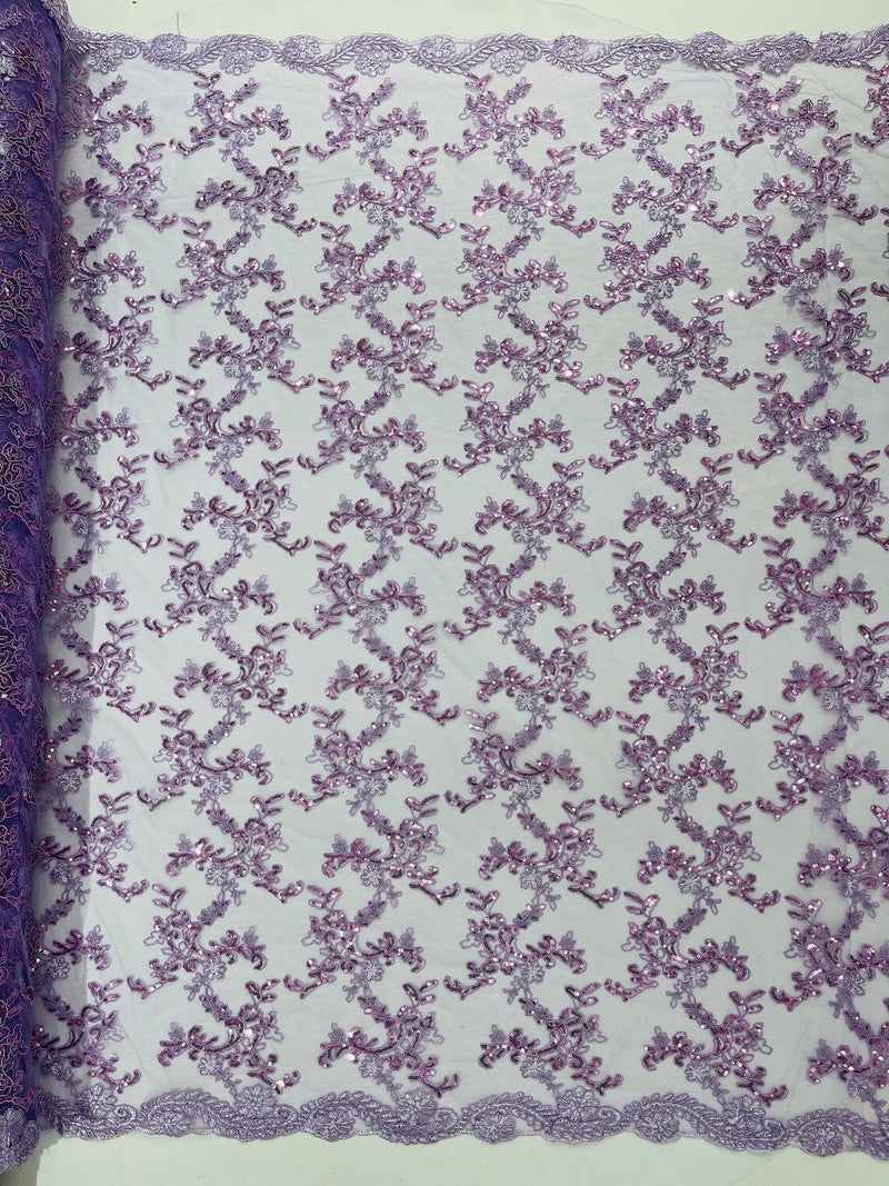 Floral Sequins Lace Fabric - Lilac - Embroidery Flower Clusters Design with Shiny Sequins  Fabric Sold By Yard