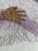Glitter Wavy Bead Fabric - Lilac - Sequins, Bead, Glitter Design on Lace Fabric By Yard