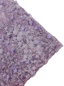 3D Flower Rhinestone Design - Lilac - Embroidered Flower Sequins Lace Fabric By Yard