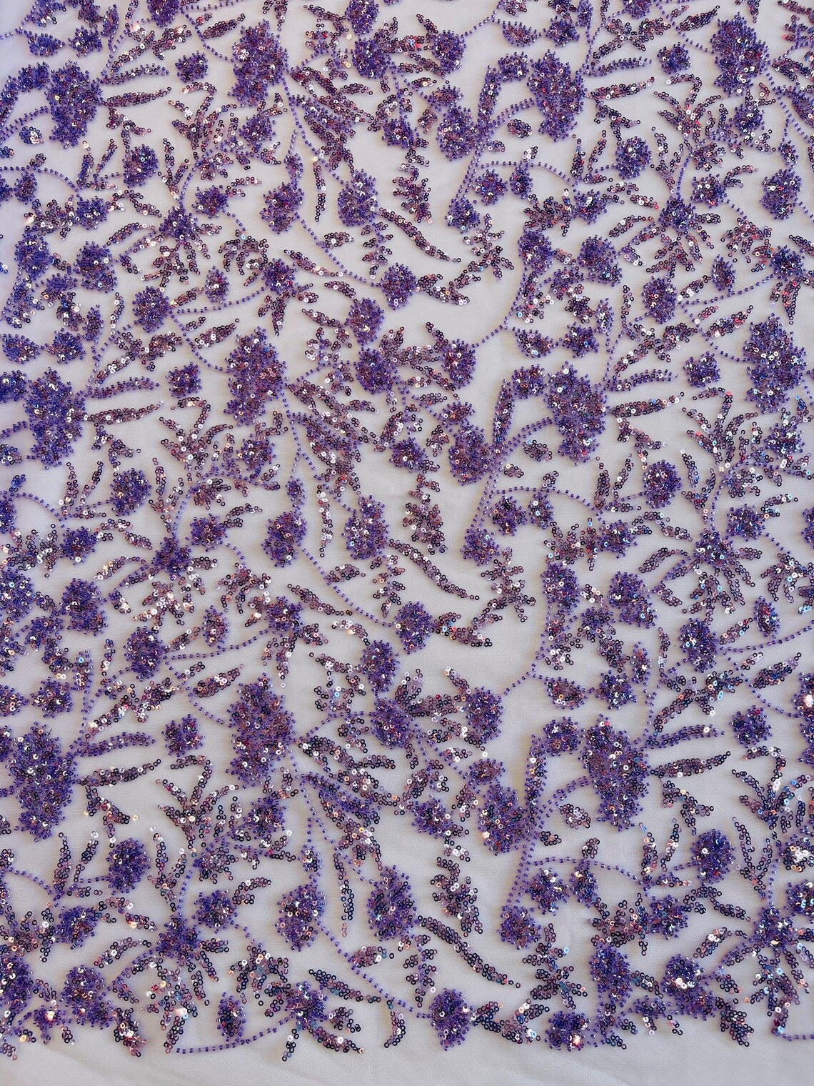 Beaded Floral Plant Design - Lilac - Embroidered Beaded Flower Plants Sequins Fabric By Yard