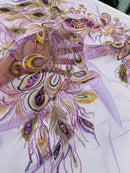 Peacock Feathers Lace Fabric - Lilac - Peacock Feather Design on Lace Mesh Fabric Sold by Panel
