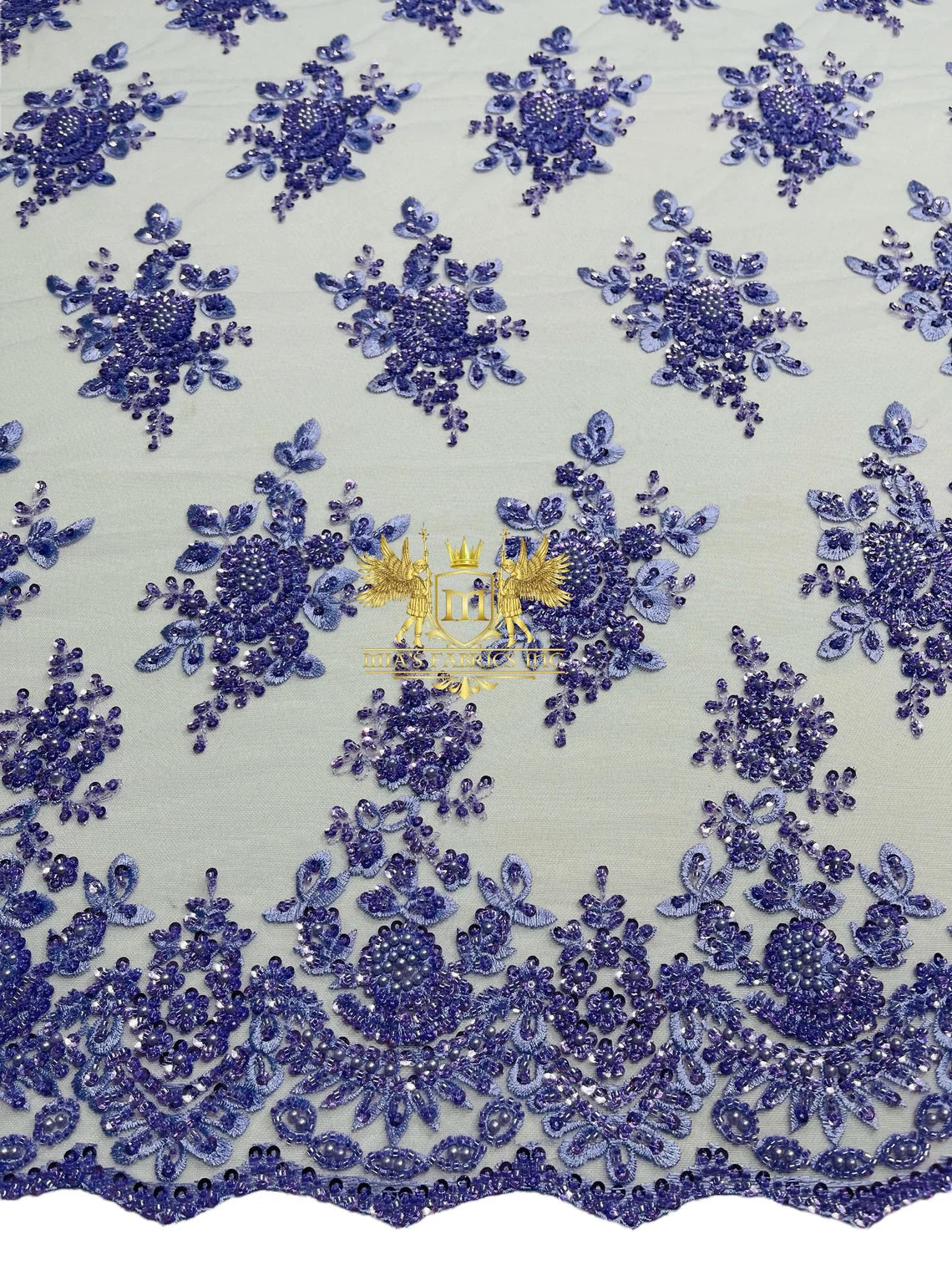 Floral Beaded Fabric - Lilac - Embroidered Beaded Flowers Cluster Design on a Mesh Sold By Yard