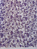 Beaded Floral Plant Design - Lilac - Embroidered Beaded Flower Plants Sequins Fabric By Yard