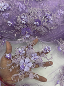 3D Flower Sequins Design - Lilac - Embroidered Pearl Sequins Floral Clusters Lace Fabric By Yard