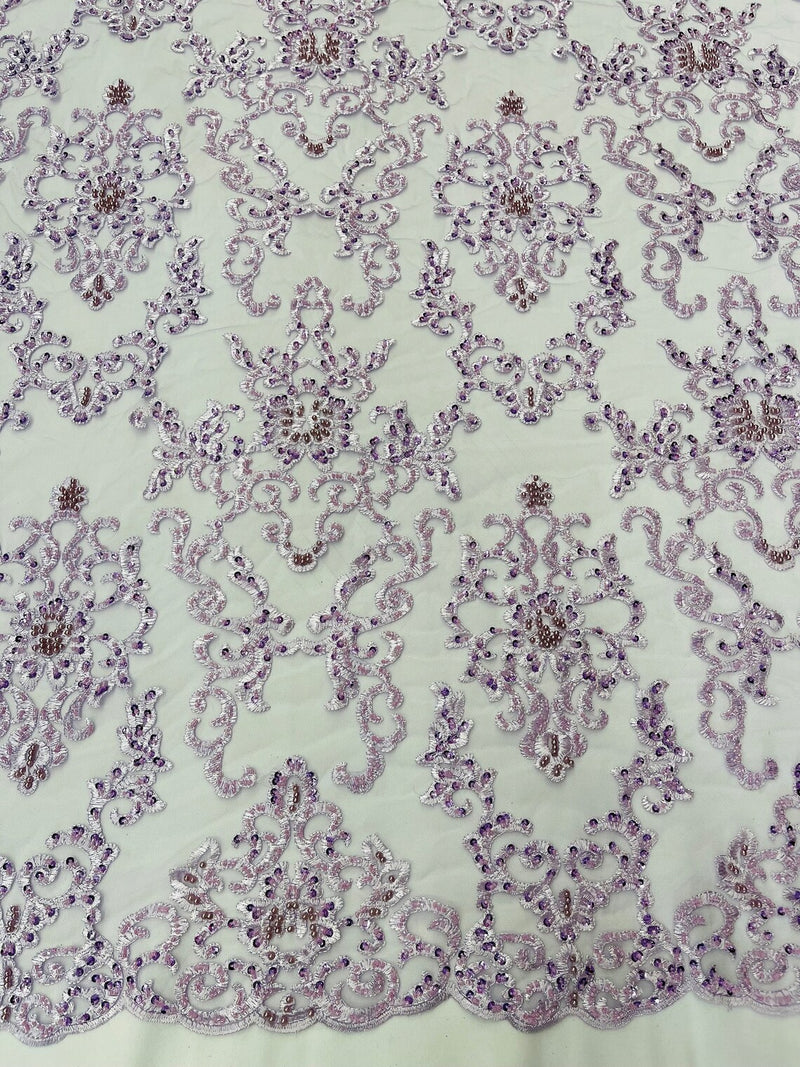 Butterfly Bead Sequins Fabric - Lilac - Damask Beaded Sequins Lace Fabric by the yard