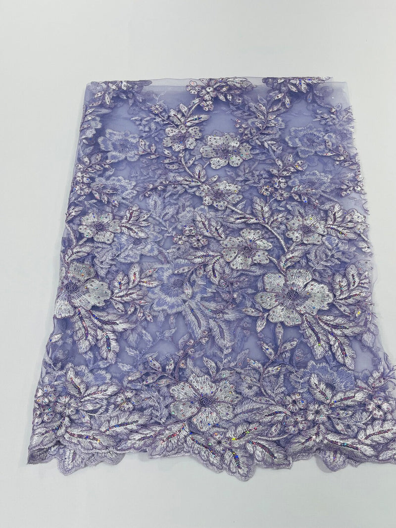 Two Tone Lace Floral Fabric - Lilac - Embroidered Flower Designs with Sequins on Lace Fabric Sold By Yard