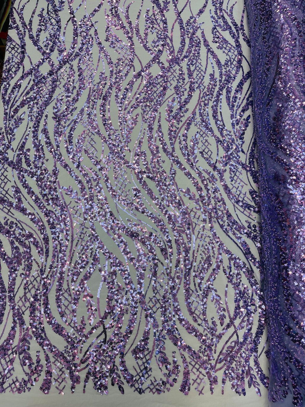 Floral Beaded Wavy Fabric - Lilac - Beaded Sequins Wavy Embroidered Fabric Sold By Yard