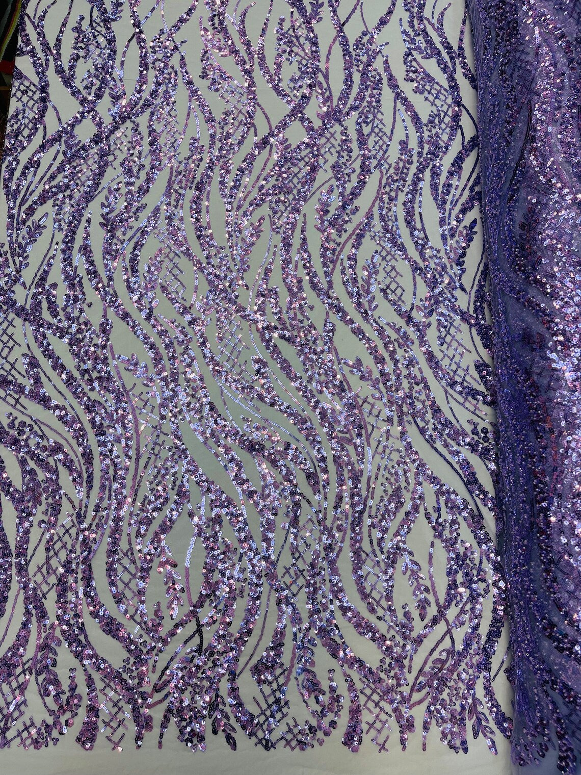 Floral Beaded Wavy Fabric - Lilac - Beaded Sequins Wavy Embroidered Fabric Sold By Yard